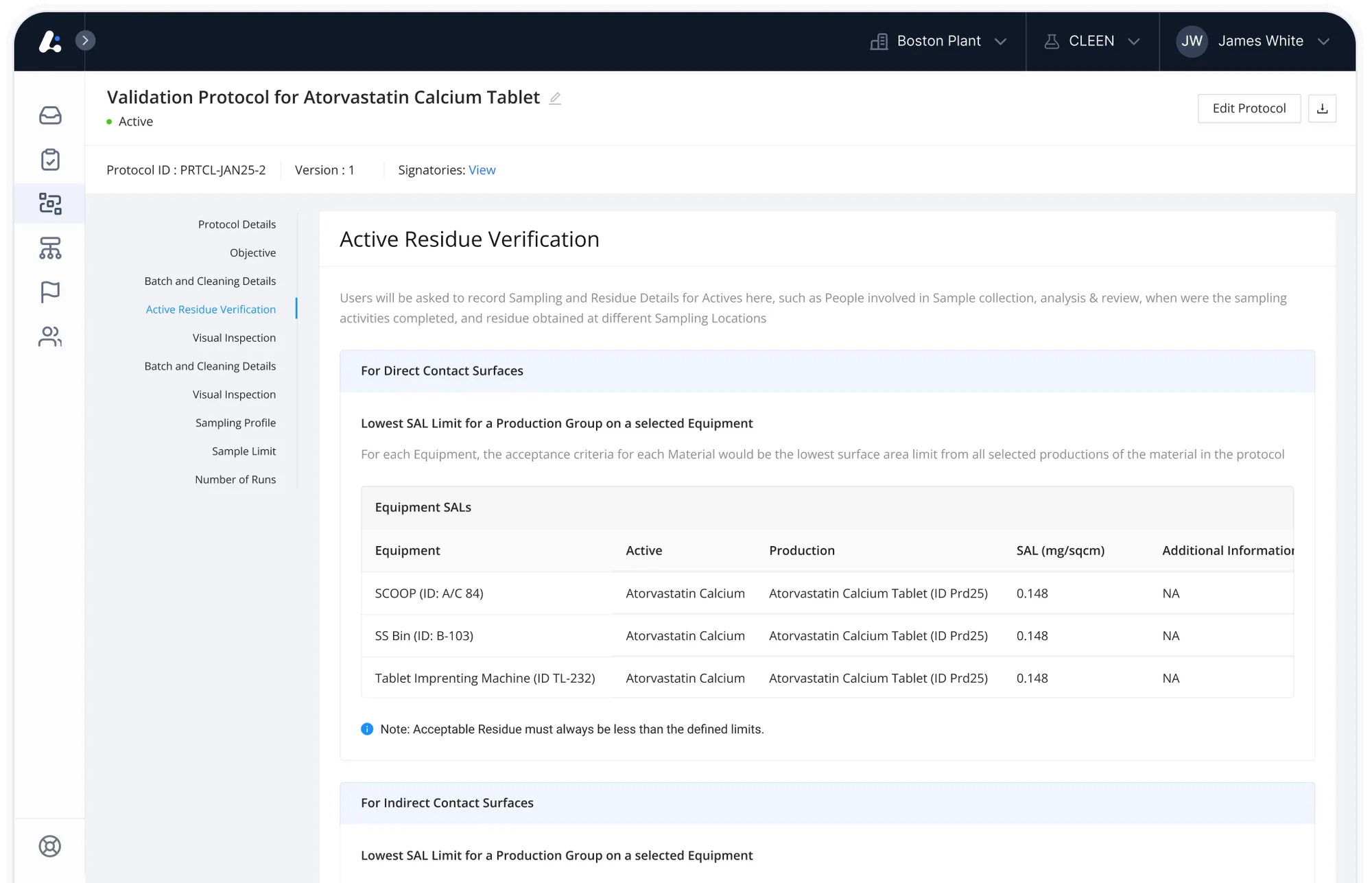 CLEEN protocol builder interface showing AI-assisted worst-case product selection and automated acceptance criteria for a cleaning validation protocol